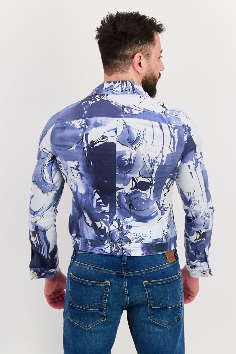 TRUSSARDI Men Allover Print Jacket Shirt, Blue - Image 4